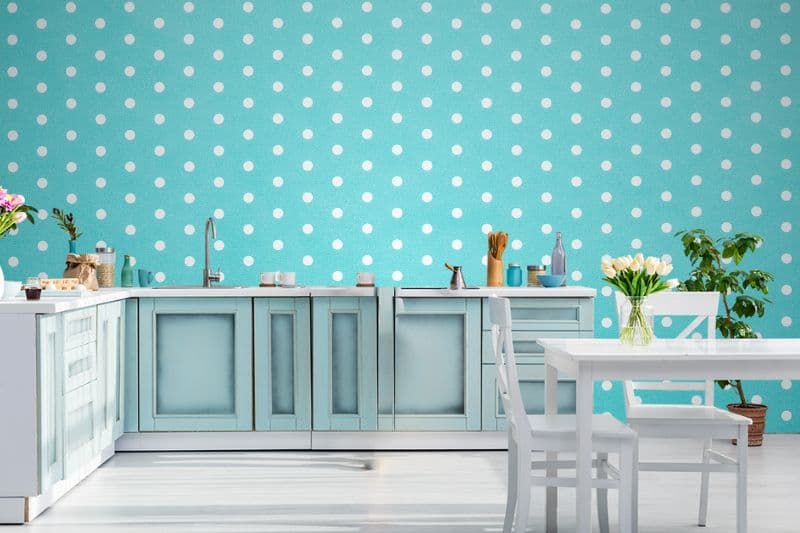 Retro Blue Polka Dot Pattern Wallpaper shown in a room