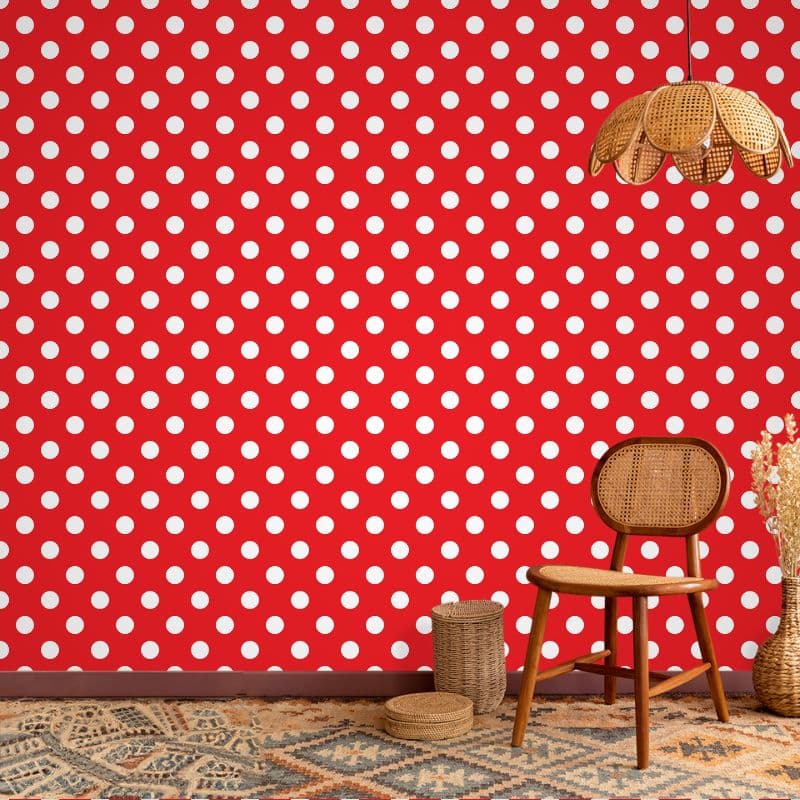 Scarlet Red Polka Dots Wallpaper for Wall shown in a room