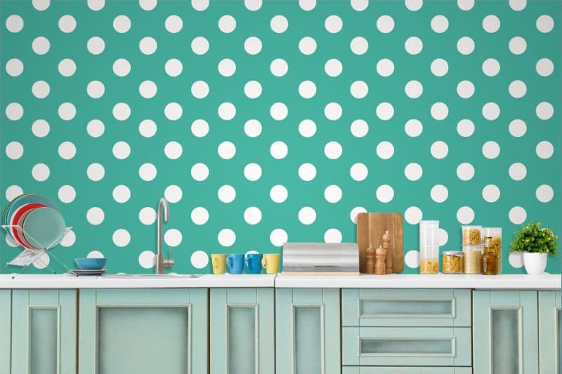 Teal Delight Polka Dots Wallpaper Mural shown in a room