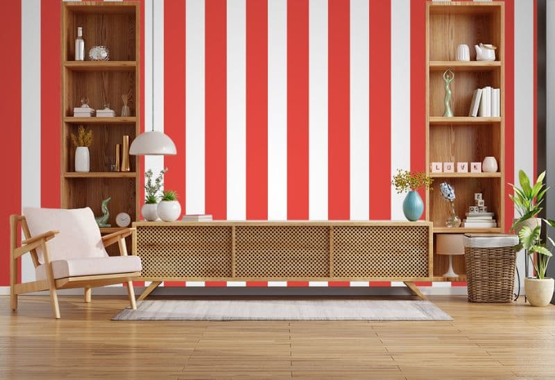 Vintage Pastel Red Vertical Striped Wallpaper shown in a room
