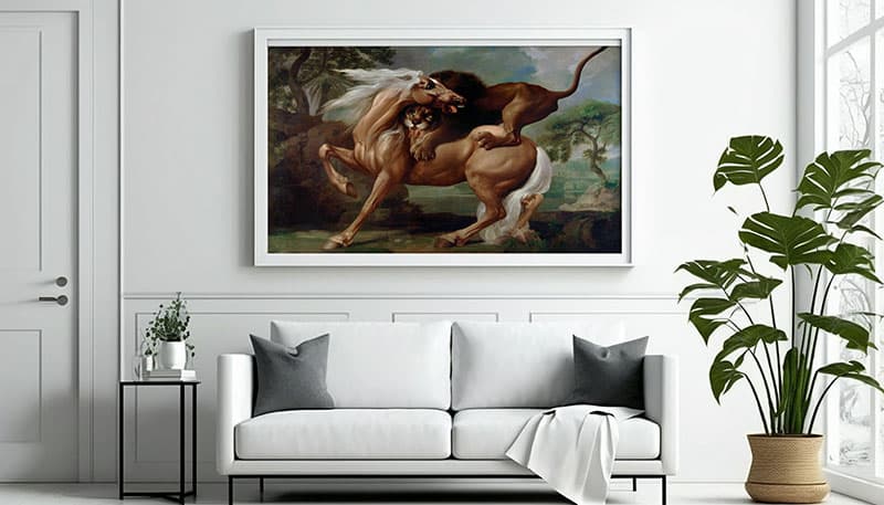 Lion Attacking a Horse Painting Wallpaper shown in a room