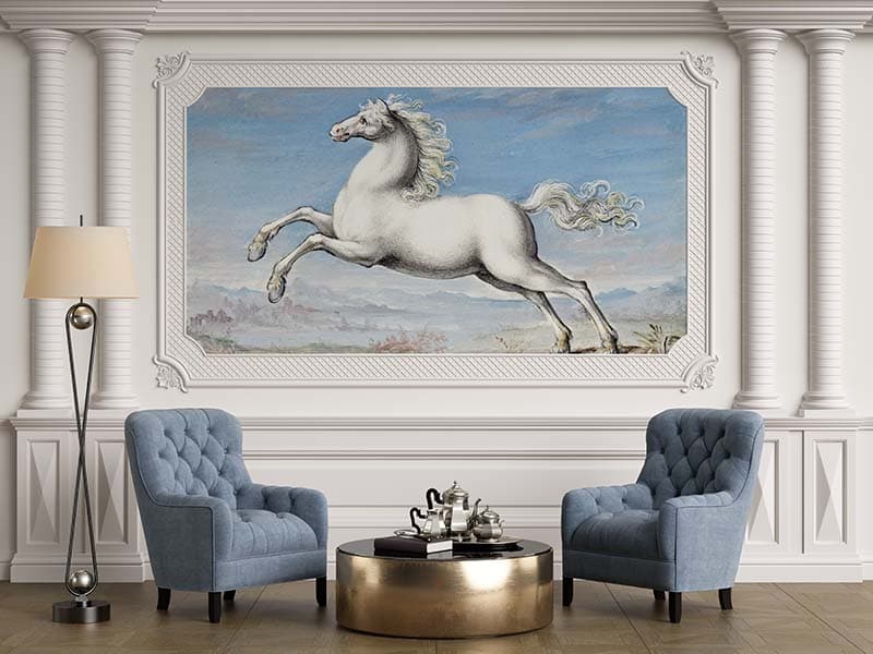 Classic White Horse Painting Wallpaper shown in a room