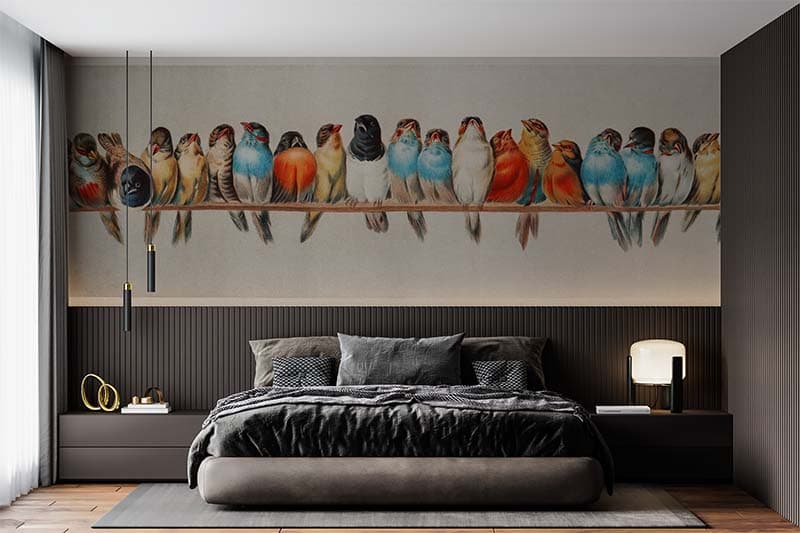 Beautiful Perch of Birds Wallpaper Mural shown in a room