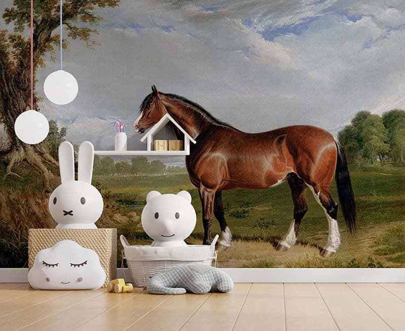 Clydesdale Stallion Painting Wallpaper Mural shown in a room