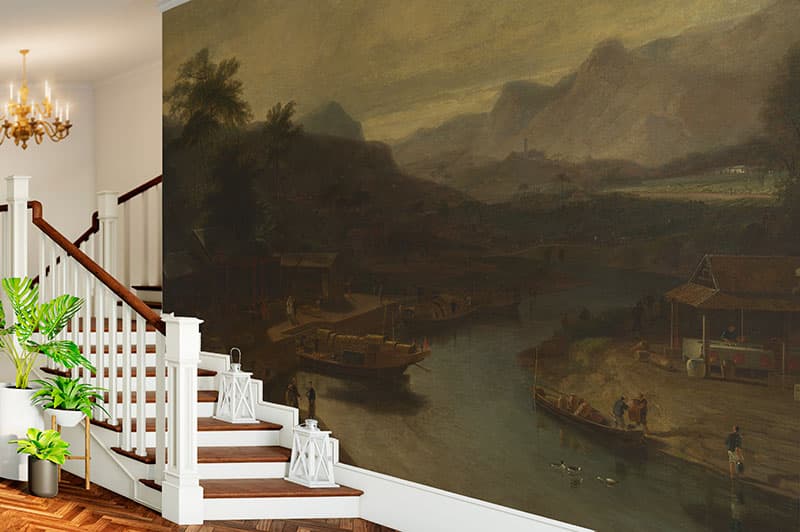 Ancient Trade Harbour Painting Wallpaper Mural shown in a room