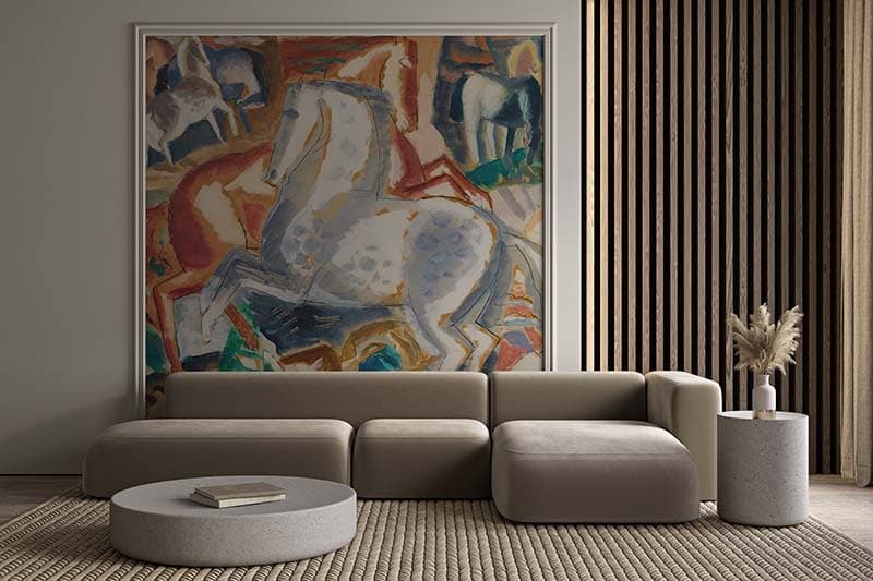 Horses in Landscape Painting Wallpaper Mural shown in a room