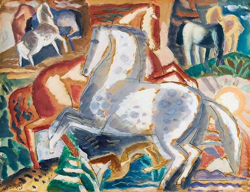 Horses in Landscape Painting Wallpaper Mural pattern detail