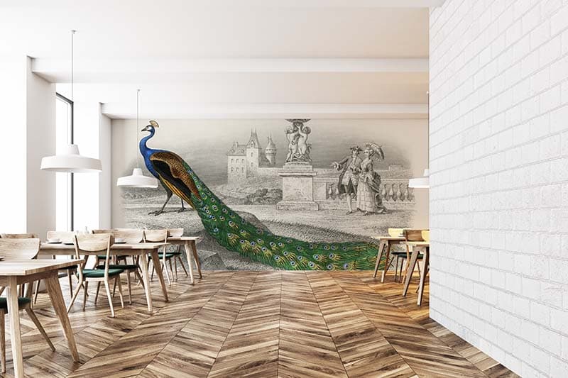 Beautiful Peacock Painting Wallpaper Mural shown in a room