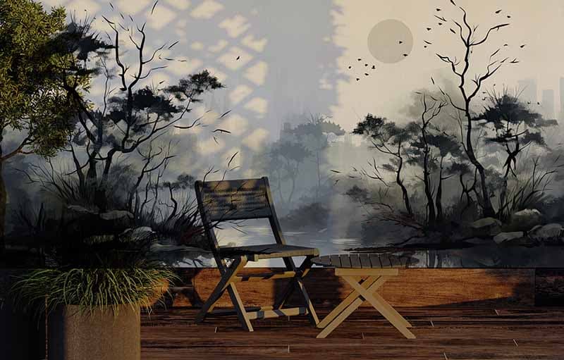 Ink Painting Style Wallpaper of a Bamboo Forest shown in a room
