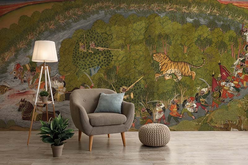Tiger Hunt Painting Wallpaper Mural shown in a room