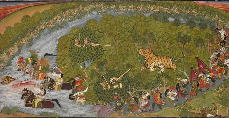 Tiger Hunt Painting Wallpaper Mural pattern detail