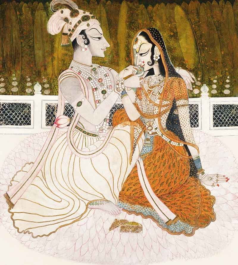 Indian Couple Portrait Painting Wallpaper Mural pattern detail