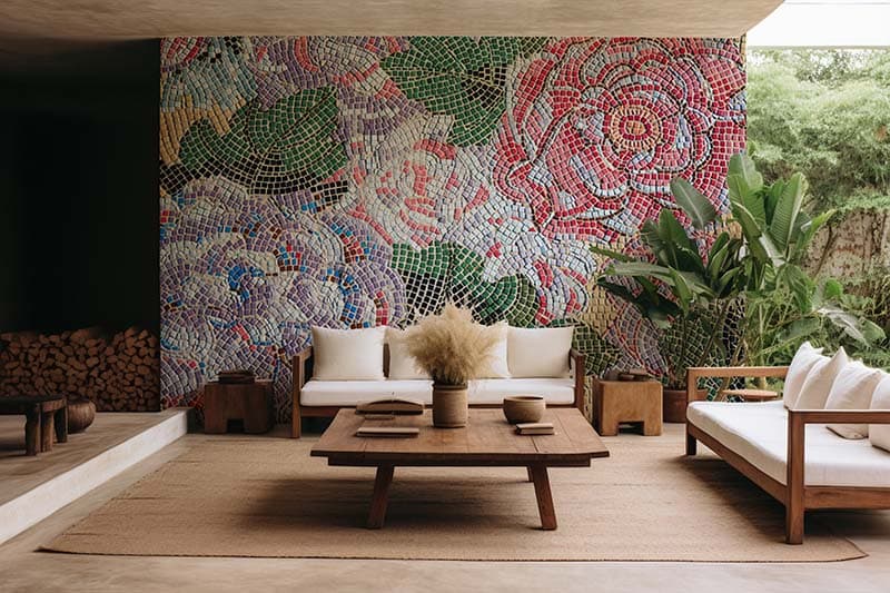 Grunge Floral Mosaic Tiles Mural Wallpaper shown in a room
