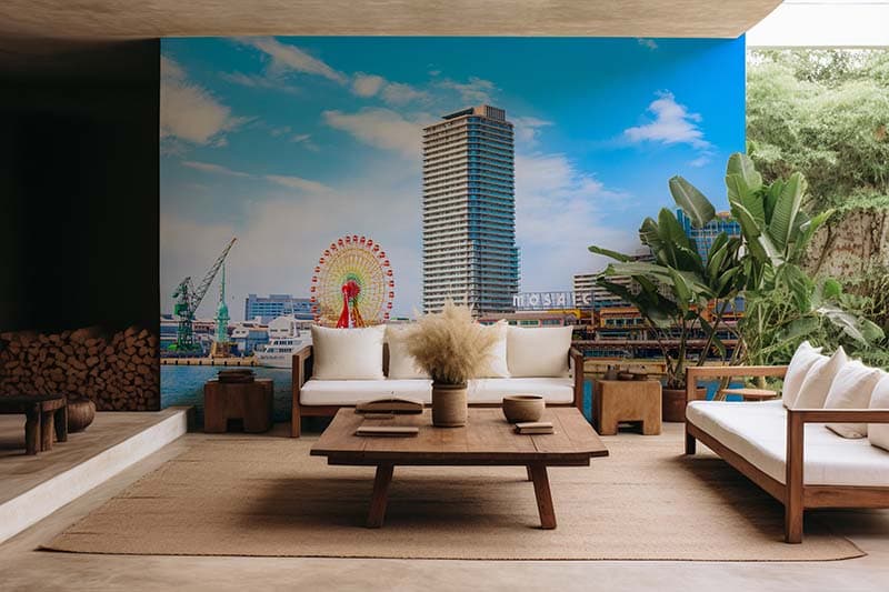 Scenic Kobe Harborland Cityscape Wall Art Wallpaper shown in a room