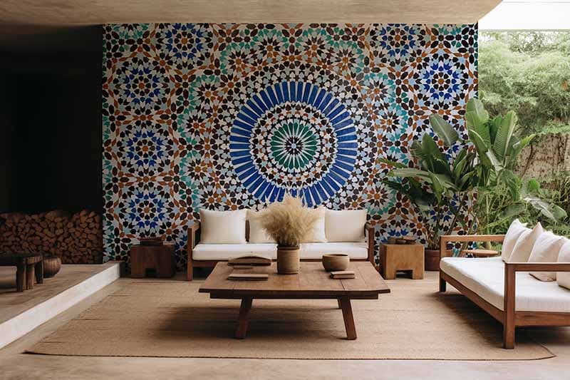 Moroccan Mosaic Zelij Tiles Wallpaper shown in a room