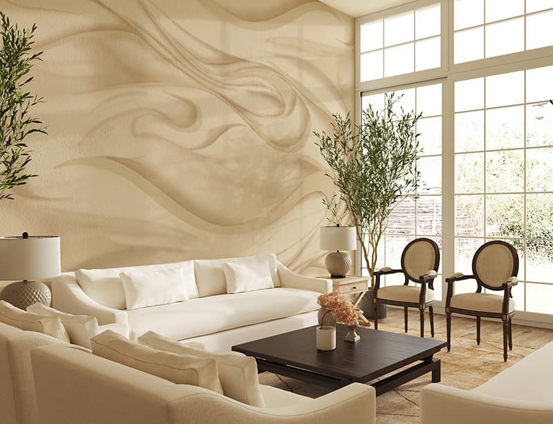 Ribbons, Serene Off-White Wallpaper Mural, Customized shown in a room