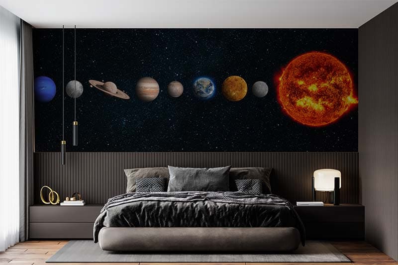 Celestial Wonders Solar System Mural Wallpaper shown in a room