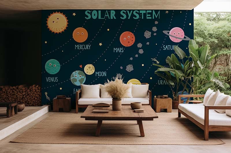 Cute Solar System Mural Wallpaper shown in a room