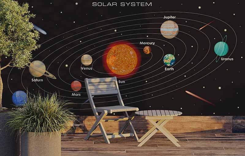 Dark Theme Solar System Planets Wallpaper Mural shown in a room
