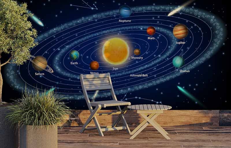 Orbit Odyssey Solar System Mural Wallpaper shown in a room