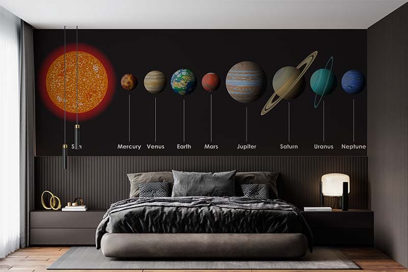 Planetary Panorama Solar System Mural Wallpaper shown in a room