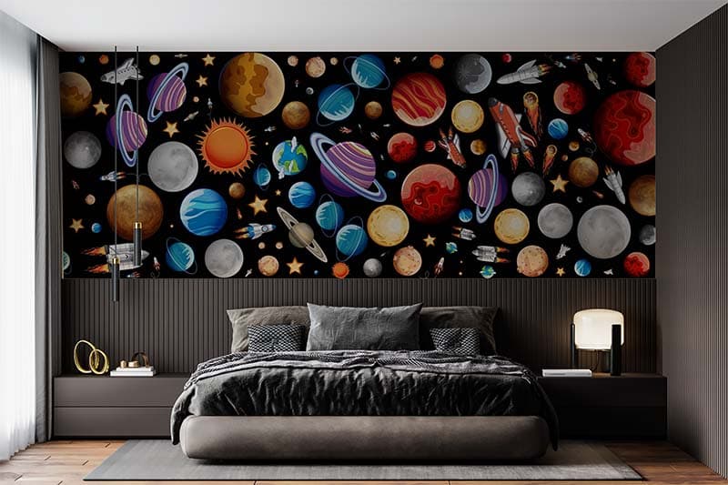 Planets Pattern Mural Wallpaper shown in a room