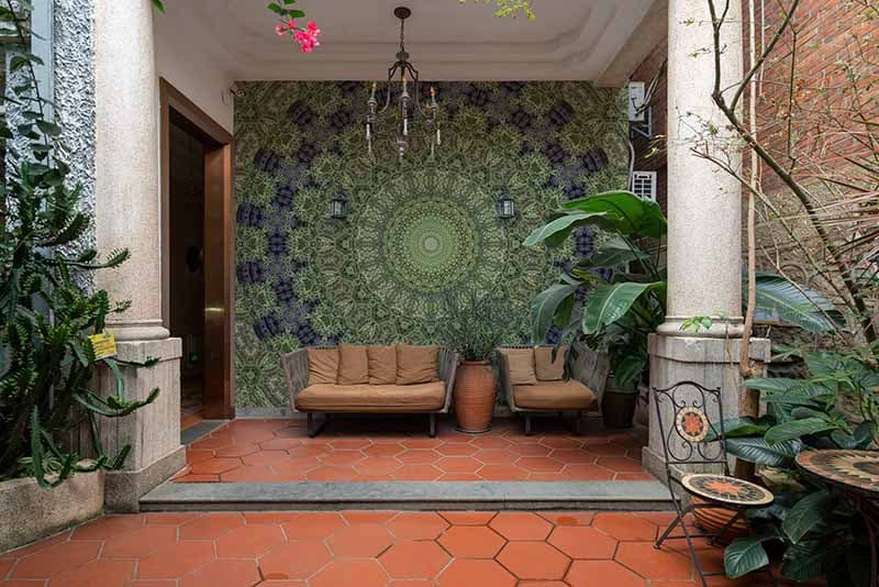 Modern Geometric Kaleidoscopic Wallpaper Mural shown in a room