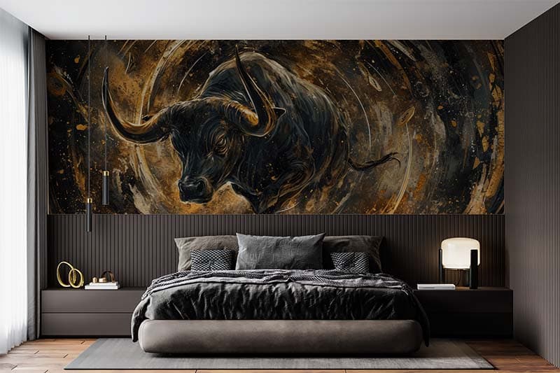 Golden Majestic Raging Bull Mural Wallpaper shown in a room