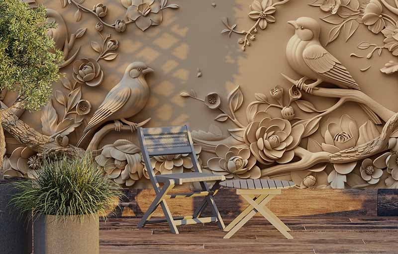 3D Sculpted Birds on Wall Wallpaper shown in a room