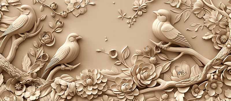 3D Sculpted Birds on Wall Wallpaper pattern detail
