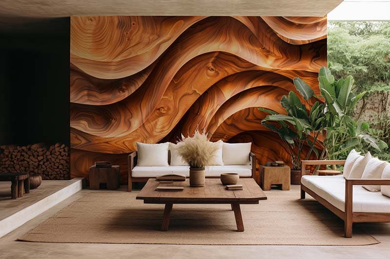 Abstract Wooden Wave Pattern Wall Mural Wallpaper shown in a room