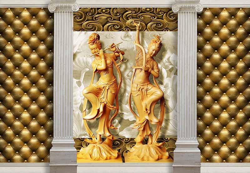 3D Thai Style Sculptures on Wall Wallpaper Mural pattern detail
