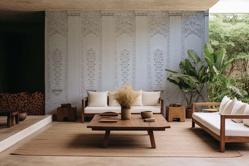 Beautiful Carvings on White Wall Wallpaper shown in a room