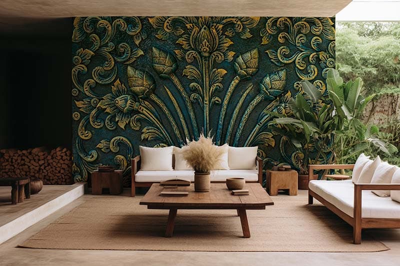 Lotus Carved on Wall Wallpaper Mural shown in a room