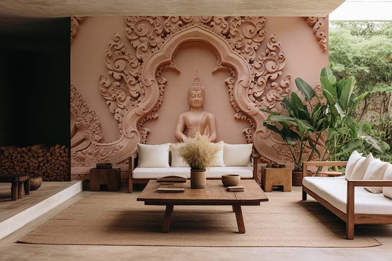 Thai Art Style Buddha Temple Mural Wallpaper shown in a room
