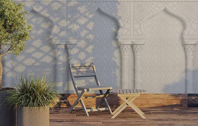 White Oriental Arcade Palace Wallpaper Mural shown in a room