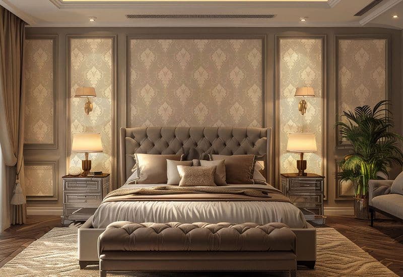 Royal Regency Grey Damask Wallpaper Mural shown in a room