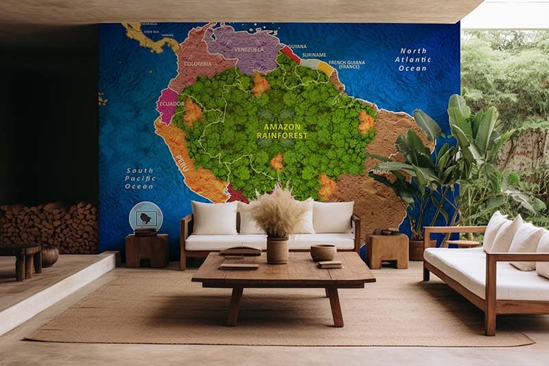 Amazon Rainforest Map Wallpaper Mural shown in a room