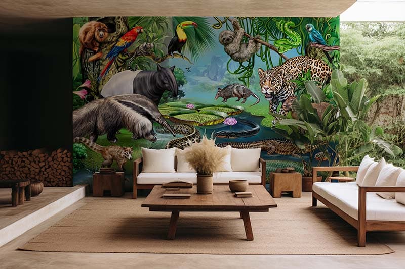 Animals of Amazon Rainforest Wallpaper Mural shown in a room
