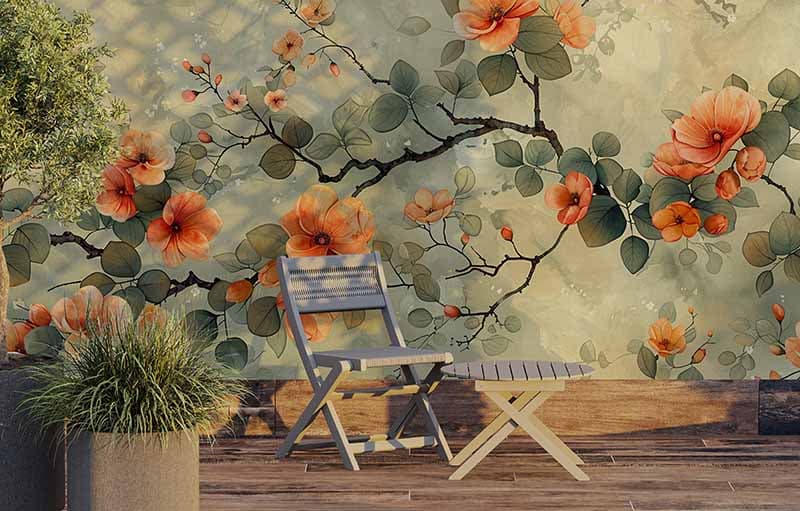 Exquisite Floral Blossoms Mural Wallpaper shown in a room