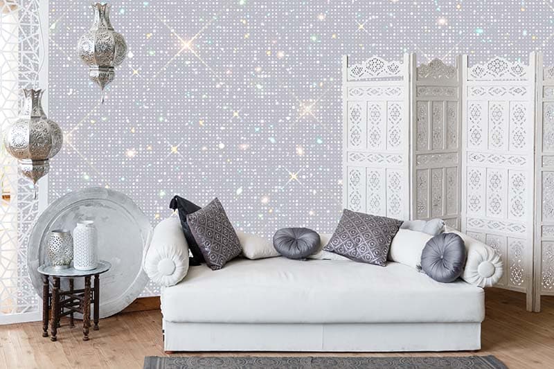 Silver Shiny Starry Texture Mural Wallpaper shown in a room