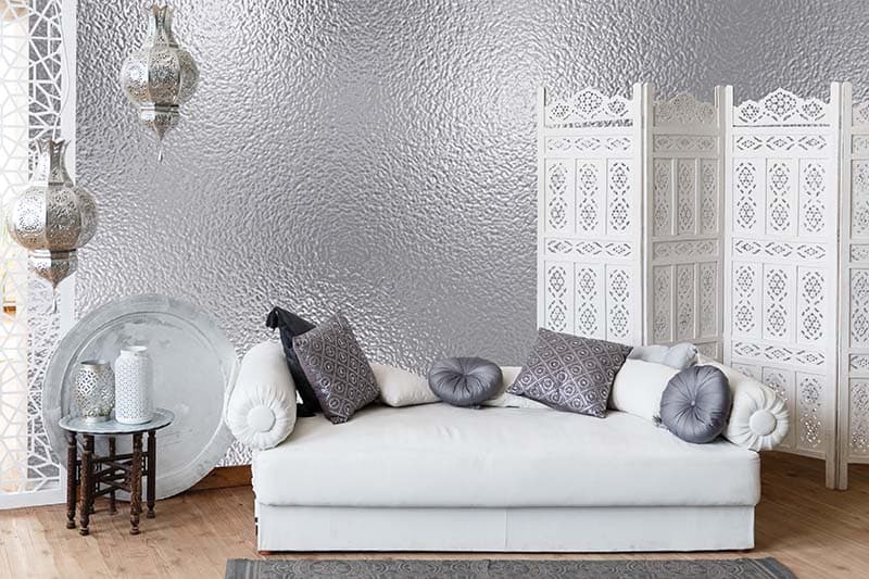 Silvershine Satin Mural Wallpaper shown in a room