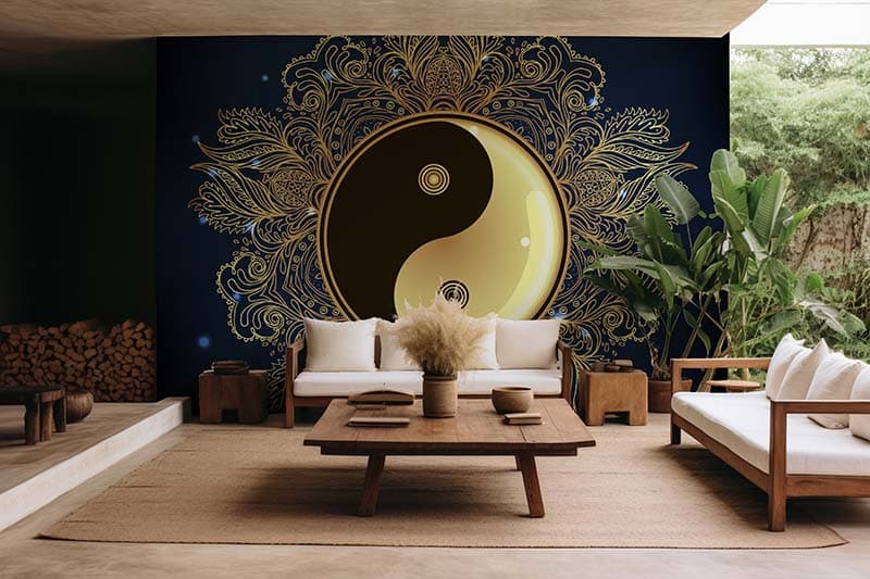 Mandala Style Yin Yang Wallpaper Mural shown in a room