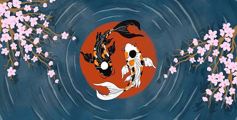 Vastu Yin Yang koi Fisn in Pond Wallpaper Mural pattern detail