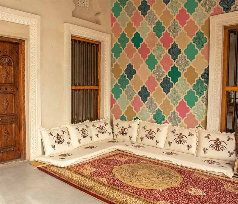 Doodle Dots Modern Moroccon Pattern Wallpaper shown in a room