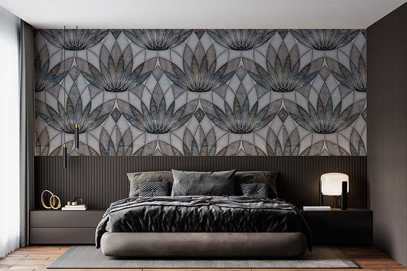 Kamal, Lotus Wall Tiles Pattern Wallpaper Mural shown in a room