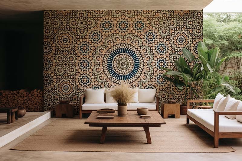 Lavish Moroccan Tile Mural Wallpaper Design shown in a room
