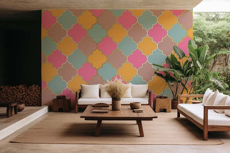 Moroccan Golden Grid Pattern Mural Wallpaper shown in a room