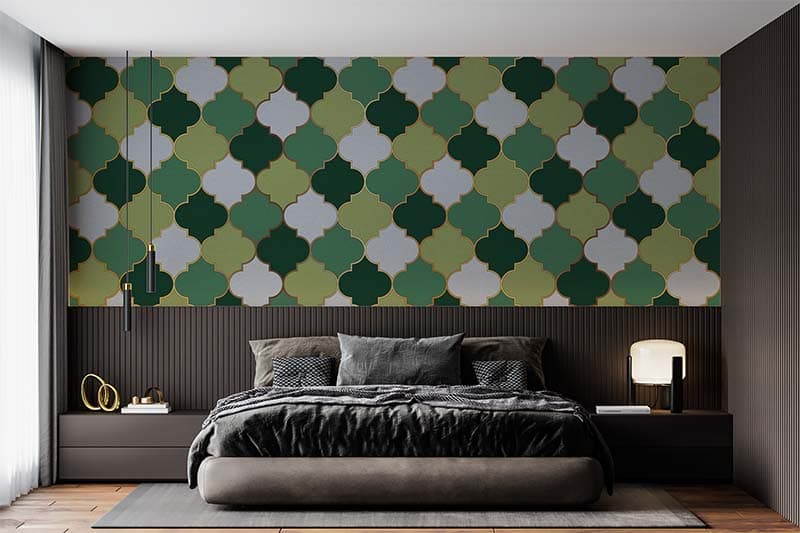 Moroccan Golden Pattern Wallpaper Mural shown in a room