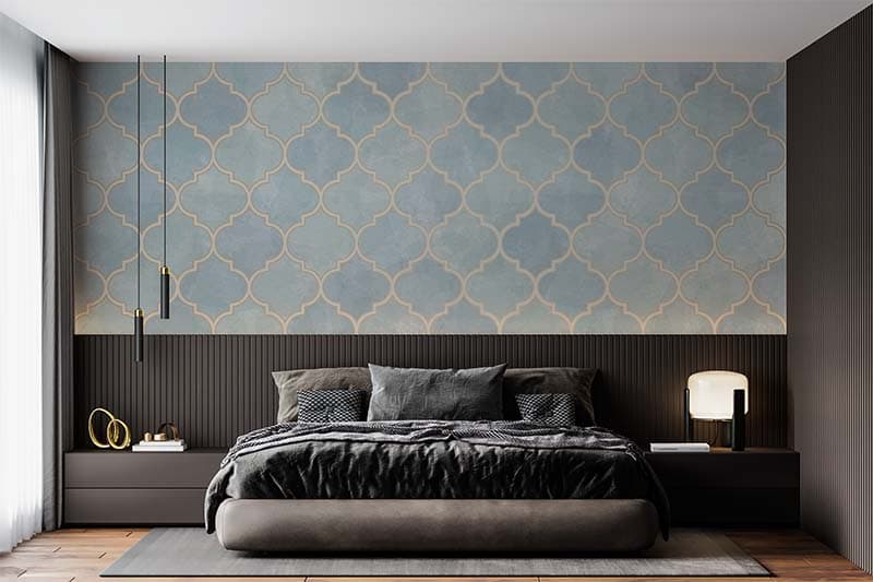 Nakkashi, Pastel Moroccon Pattern Wallpaper Mural shown in a room